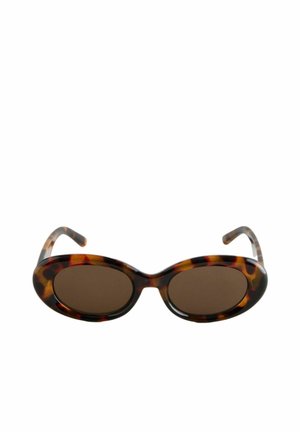 Oval-shaped tortoiseshell sunglasses with dark brown lenses and curved arms on a white background.