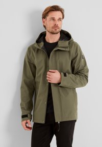 Olive green waterproof jacket with a hood, featuring snap closures, adjustable cuffs, and a black lining. Two front pockets are present.
