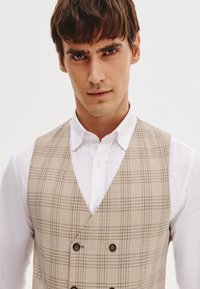 Beżowa kamizelka w kratę na białej koszuli z kołnierzykiem, z podwójnym zapięciem na guziki i ciemnymi guzikami. Gładki materiał o dopasowanym kroju.
