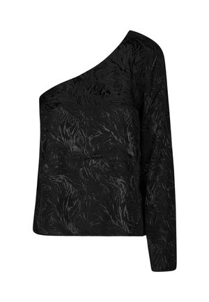 Black top with a one-shoulder silhouette, featuring textured fabric with a subtle abstract pattern. Long sleeve on one side and smooth finish.