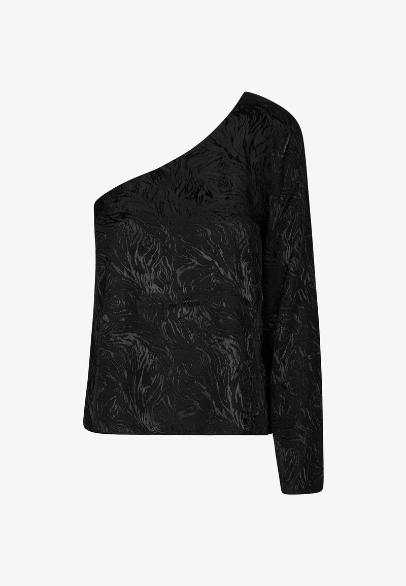 Haut noir avec une silhouette asymétrique, présentant un tissu texturé avec un motif abstrait subtil. Manches longues d'un côté et finition lisse.