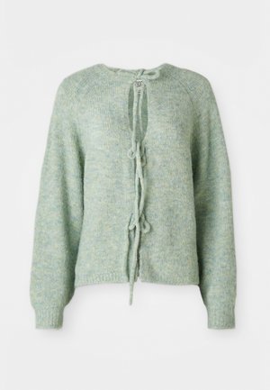 Light green knitted cardigan with a round neckline, front tie closure, and long sleeves. Soft texture with a slightly textured pattern.