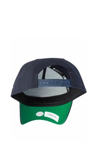 Marineblaue Baseballmütze mit grünem Unterrand, verstellbarem Snapback-Verschluss und strukturiertem Stoff mit Innenfutterdetails.