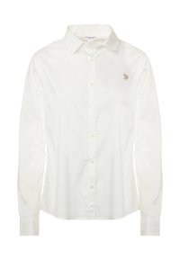 Camicia bianca a maniche lunghe con bottoni, realizzata in cotone, caratterizzata da un colletto classico e un piccolo logo ricamato di colore contrastante sul lato sinistro del petto.