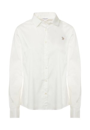 Camicia bianca a maniche lunghe con bottoni, realizzata in cotone, caratterizzata da un colletto classico e un piccolo logo ricamato di colore contrastante sul lato sinistro del petto.