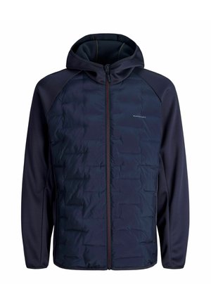 Tamsiai mėlyna striukė su gobtuvu, su siuvinėta priekinio skydelio dalimi, užbaigta pilnu užtrauktuku ir lygiu audinio rankovėmis, skirta laisvalaikiui lauke.