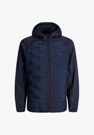 Morersko modra jopa s kapuco in sprednjim delom s šivi, z zadrgo po celotni dolžini ter gladkimi rokavi iz blaga, zasnovana za sproščene aktivnosti na prostem.