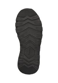 Schwarze Gummisohle mit einem Zickzack-Laufmuster, strukturiertem Oberflächen und eingeprägtem Logo in der Mitte, entwickelt für Traktion und Langlebigkeit.