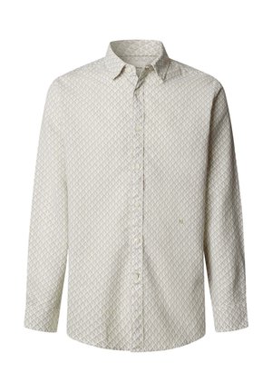 Bež košulja dugih rukava s gumbima i malim naizmjeničnim uzorkom školjki te standardnim ovratnikom.