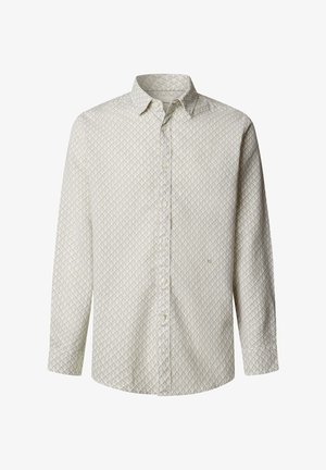 Beżowa koszula na guziki z długim rękawem, z drobnym powtarzającym się wzorem łuski i standardowym kołnierzykiem.