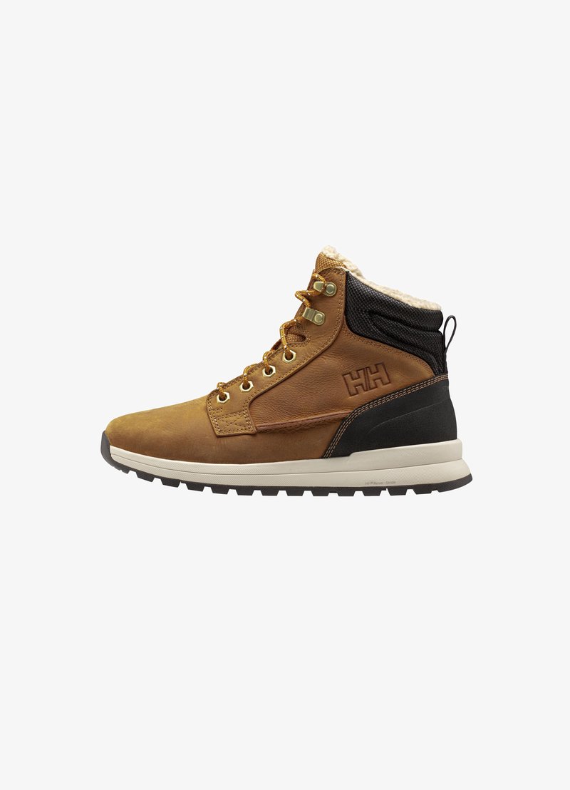 Bruine leren enkelboot met een nepbont kraag, zwarte accenten, gouden oogjes, textured zijpanelen, en een rubberen zool met een profiel.
