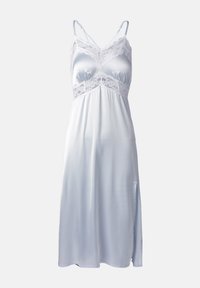 Abito da notte in satin blu chiaro con rifiniture in pizzo, spalline regolabili, scollatura ampia e una fessura laterale per facilitare i movimenti.