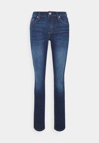 Dark blue denim jeans with a straight leg design, five pockets, and a button closure. Smooth texture with subtle fading.
