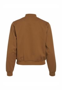 Veste bombardier marron avec col, poignets et ourlet côtelés, vue de dos, manches longues, design uni.