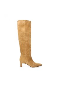 Hoge, tan suede laarzen met een vierkante neus, een middelhoge blokhak en een gladde oppervlakte, met een naadloos, aansluitend ontwerp voor het been.