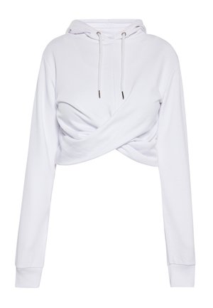Weißes, kurz geschnittenes Hoodie mit langen Ärmeln, einer Kordelzugkapuze und einem verdrehten Frontdesign.