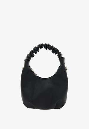 Sort faux læder håndtaske med en rund form, samlet håndtag og sølvfarvede metaldetaljer. Glat tekstur og minimalistisk design.