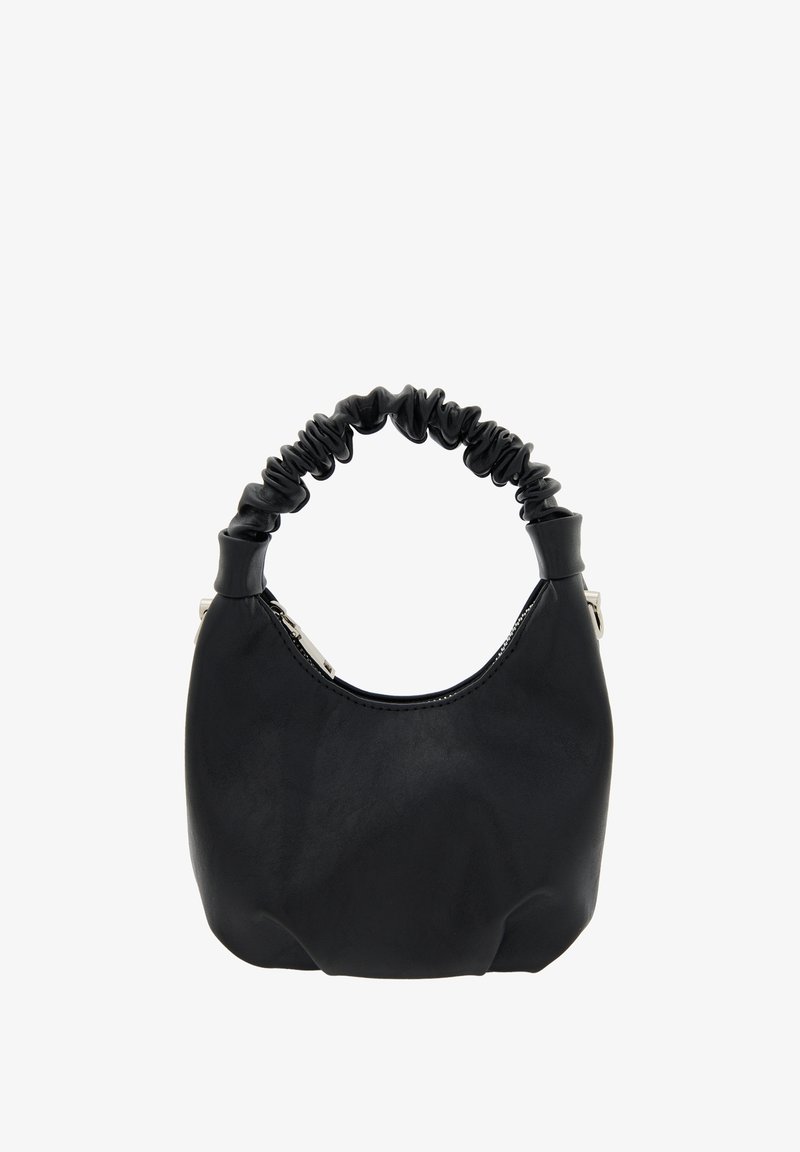 Sort faux læder håndtaske med en rund form, samlet håndtag og sølvfarvede metaldetaljer. Glat tekstur og minimalistisk design.