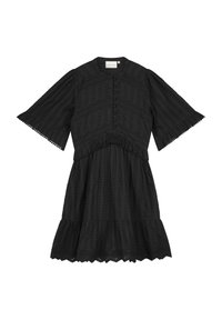 Zwarte jurk met korte pofmouwen, een knopenfront, een tiered rok met gegolfde zoom en textiel met een subtiel patroon.