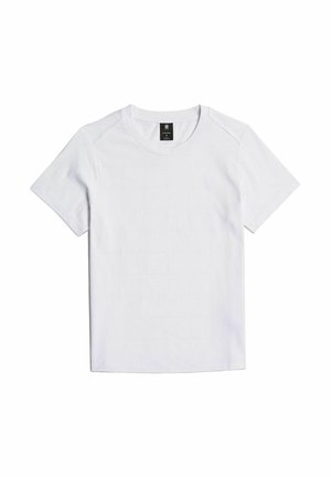 T-shirt branca de manga curta em tecido suave, com um colo redondo e um logótipo discreto no peito. Design limpo e minimalista.