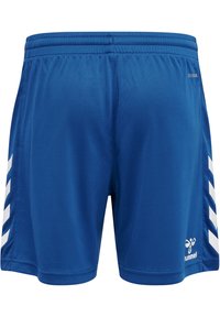 Blaue Sportshorts aus glattem Stoff, mit weißen Chevron-Akzenten an den Seiten und einem Logo unten rechts. Elastischer Bund.