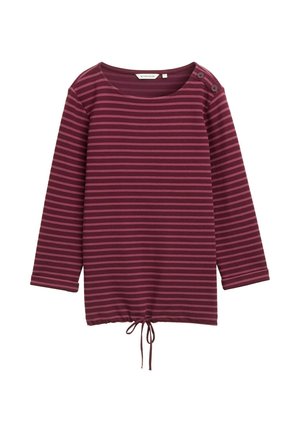 Burgundy pruhovaný dlouhý rukáv top s kulatým výstřihem, bočními knoflíky a stahovacími okraji. Vyrobeno z měkké, texturované tkaniny.