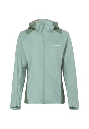 Leichte, mintgrüne Jacke mit durchgehendem Reißverschluss, Kapuze und kontrastierenden dunkelgrünen Schulterakzenten. Glatte Textur, minimale Markenkennzeichnung.