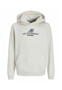 Hellgrauer Hoodie aus weichem Stoff, mit einer vorderen Kängurutasche und Kapuze. Er hat ein dunkelblaues, bedrucktes Logo auf der Brust.
