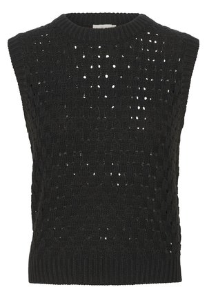 Black knitted sleeveless top featuring an open weave pattern, ribbed neckline, and textured detailing throughout the body.