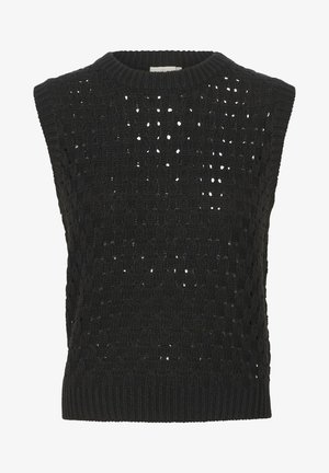 Schwarzes, gestricktes, ärmelloses Oberteil mit einem offenen Gewebemuster, geripptem Ausschnitt und strukturierten Details über den gesamten Körper.