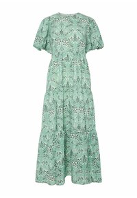 Robe maxi verte à motif floral avec manches courtes bouffantes, taille froncée et jupe à volants en tissu léger.
