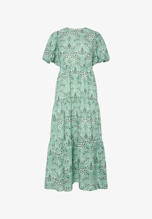 Robe maxi verte à motif floral avec manches courtes bouffantes, taille froncée et jupe à volants en tissu léger.
