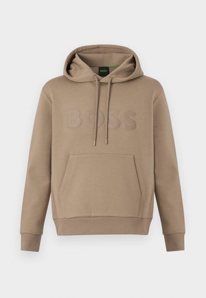 Beež kapuutsiga dressipluus eesmise kängurutasku, nöörkinnituste, soonikkoes varrukaservade ja rinnal reljeefse "BOSS" logoga.