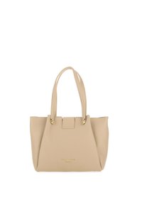 Borsa a mano in pelle beige con due manici lunghi, hardware dorato e logo "ERMANNO" in lettere dorate sulla parte frontale.