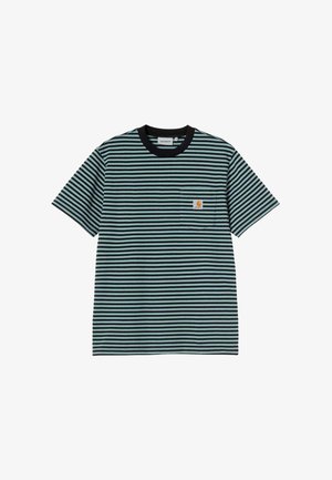 Camiseta de algodón con rayas horizontales negras y azul claro, cuello redondo negro y un pequeño bolsillo delantero con un logo.