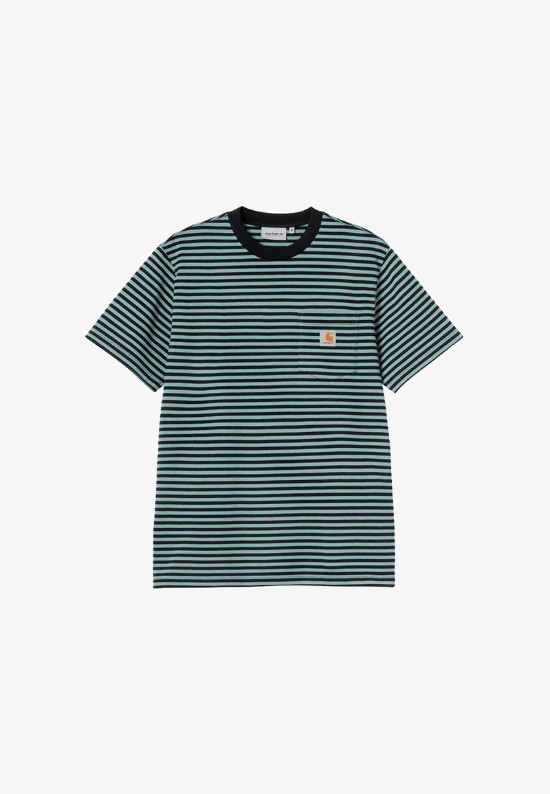 T-shirt rayé en coton, présentant des rayures horizontales noires et bleu clair, un col rond noir et une petite poche avant avec un logo.