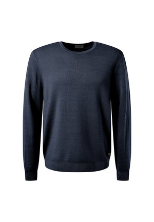 Marineblauer Pullover aus weichem Strickstoff, mit Rundhalsausschnitt und langen Ärmeln. Gerader Saum mit gerippten Bündchen und Taillenbund.