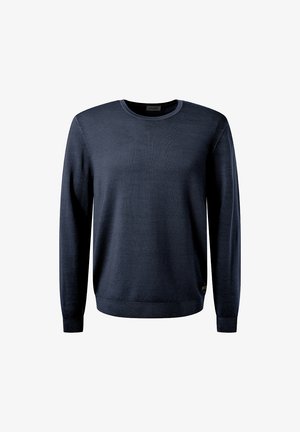 Marineblauer Pullover aus weichem Strickstoff, mit Rundhalsausschnitt und langen Ärmeln. Gerader Saum mit gerippten Bündchen und Taillenbund.