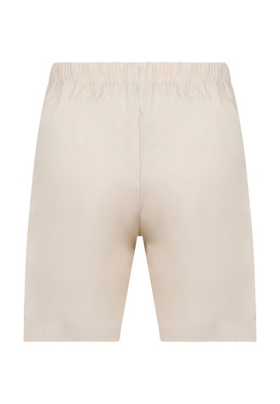 Pantaloni shorts beige realizzati in tessuto liscio, con vita elastica e orli cuciti, dal taglio dritto.