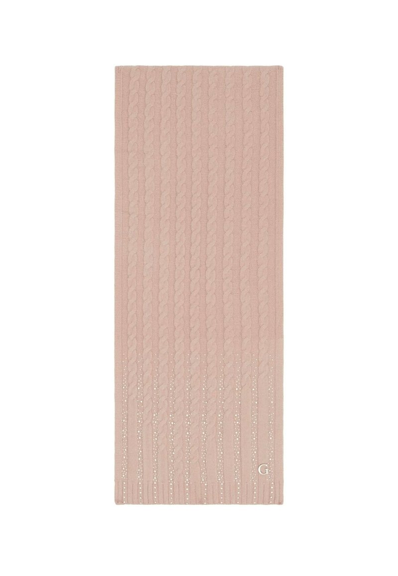 Bufanda de punto rosa claro con un patrón de trenzas y sutiles destellos. Textura suave con un acabado liso. Mide larga y estrecha.