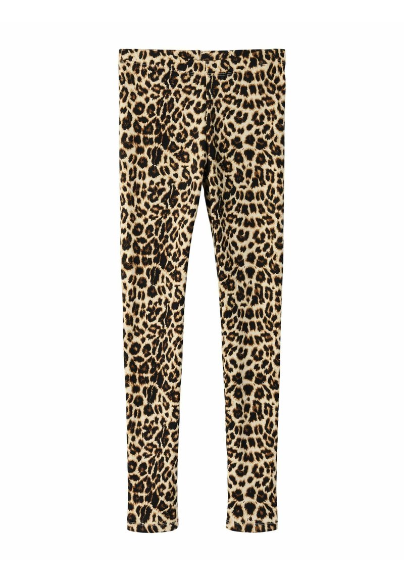 Leggings med leopardmønster i beige og brunt, laget av mykt stoff, med tettsittende passform og elastisk midjebånd for komfort og fleksibilitet.