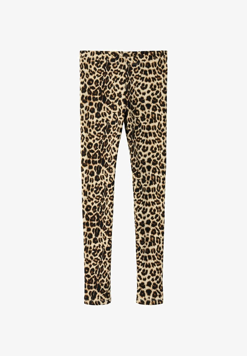 Leggings med leopardmønster i beige og brunt, laget av mykt stoff, med tettsittende passform og elastisk midjebånd for komfort og fleksibilitet.