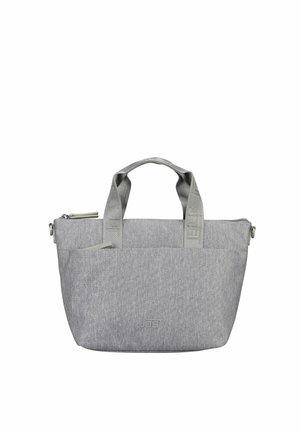 Borsa in tessuto grigio con manici corti, tasca frontale e chiusura con cerniera, superficie strutturata e logo sottile vicino al centro inferiore.