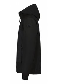 Chaqueta negra con capucha, bolsillo frontal con cremallera y puños elásticos. Textura suave y diseño minimalista, con un logo en el hombro.
