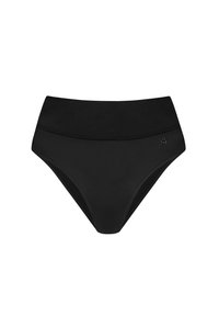 Czarny bikini dolny z wysokim stanem, wykonany z gładkiego materiału. Posiada jednolity kolor z dyskretnym logo po boku.