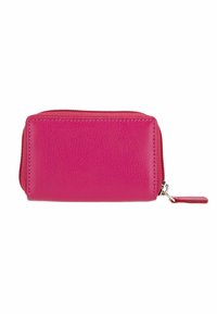 Funda rosa de cuero con cremallera, de superficie texturizada y bordes redondeados. Presenta una cremallera plateada y un pequeño tirador de cuero.