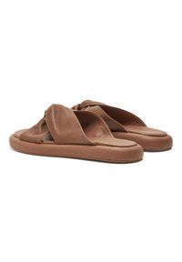 Brown leather slip-on sandals feature a knotted design on the upper, with a padded footbed and a textured outsole for grip.