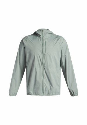 Lightweight, hooded jacket in soft, pale green fabric. Features a front zipper and elastic cuffs with a fitted waist, smooth texture.