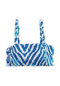Blauw-witte gesmokte bikini top met ruches op de banden, met een zigzagpatroon en textuurstof. Verstelbare pasvorm.