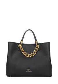 Borsa a tracolla in pelle nera testurizzata con doppi manici e un accento in catena dorata. Presenta un brand discreto sul fronte. Forma liscia e strutturata.